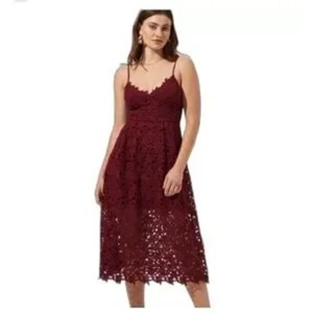 ASTR the Label Burgundy Lace‎ A-Line Midi Dress Size Small Floral Wedding Guest
